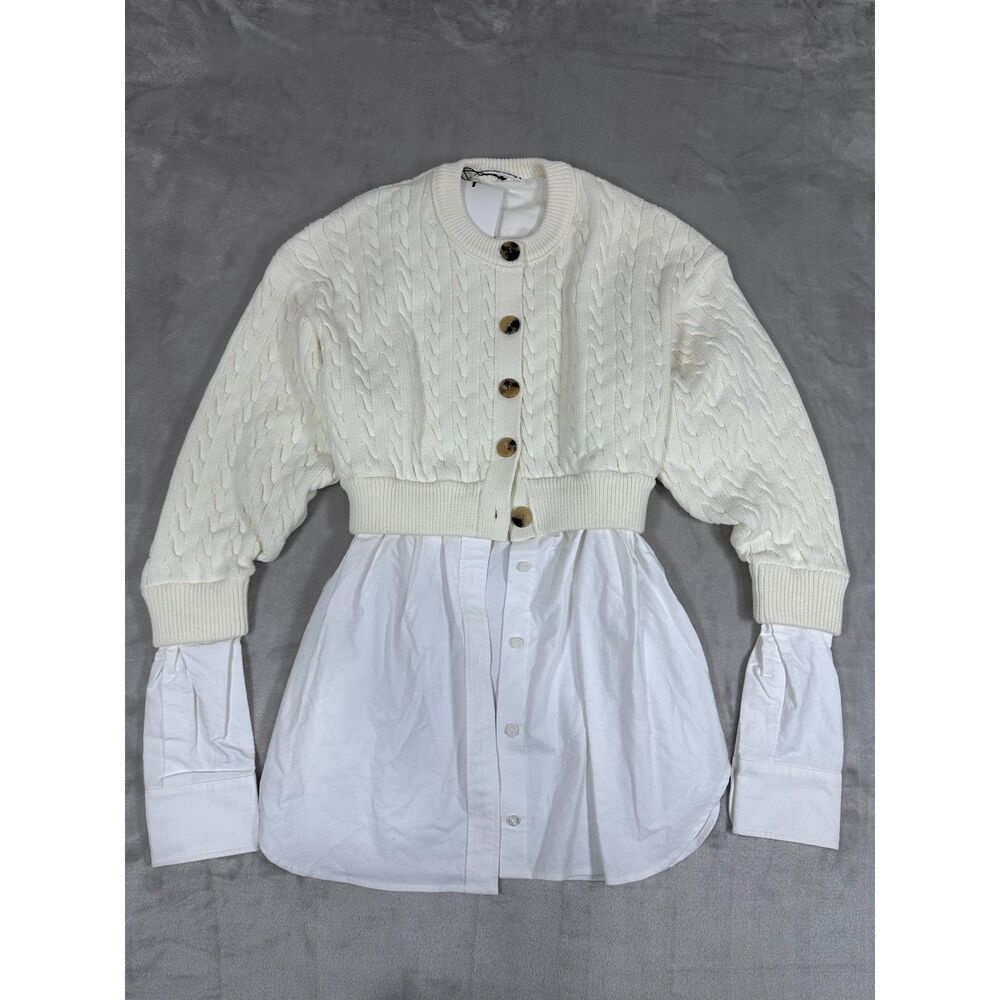 Alexanderwang.t Bi-Layer Cable Cardigan with Oxford Shirting Ivory White Size S